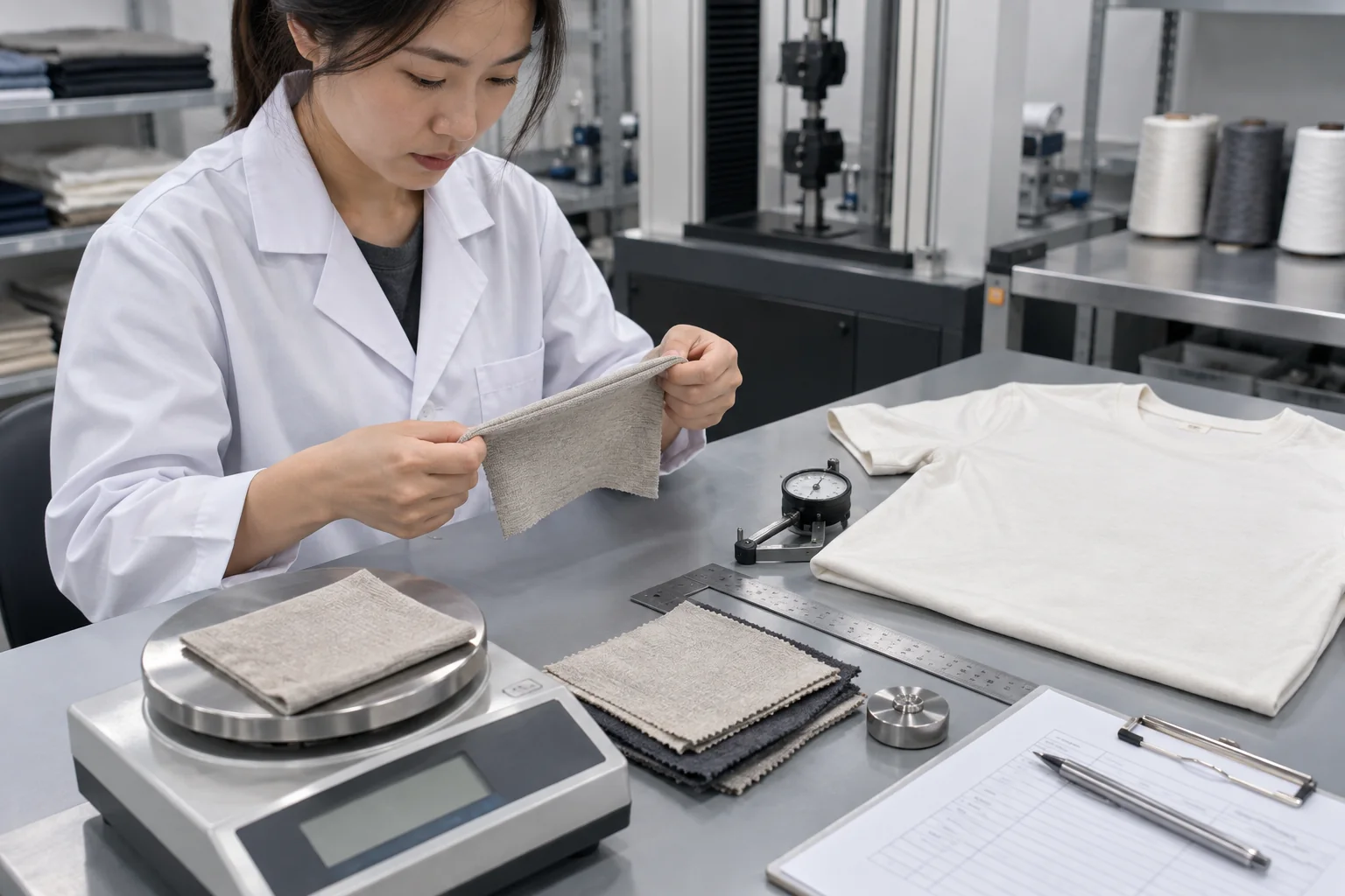 Técnico textil asiático midiendo el GSM de punto celulósico, elasticidad, recuperación y encogimiento junto a una muestra de camiseta terminada y notas de prueba, sin texto legible