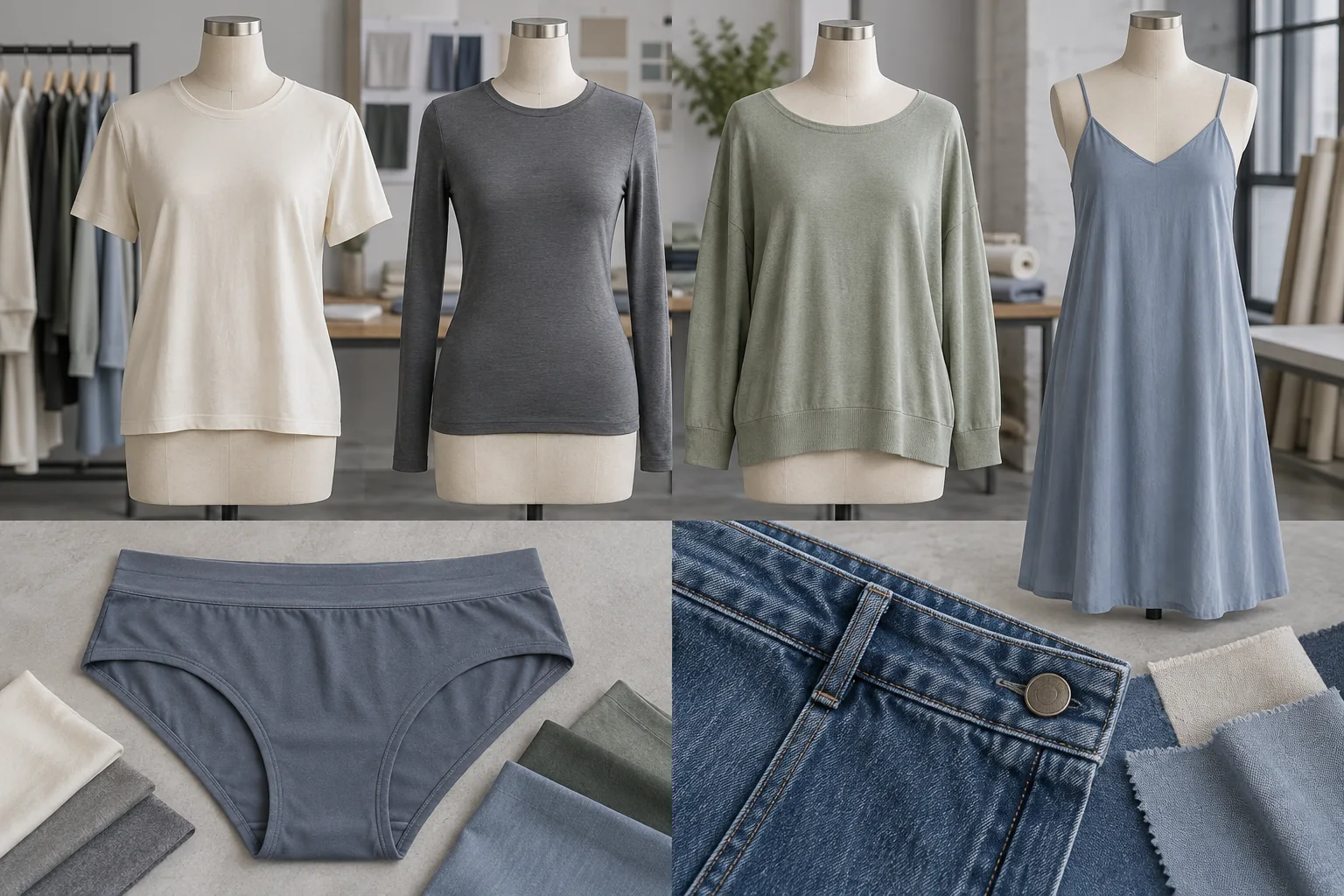 Conjunto de aplicaciones para compradores con una camiseta, capa base, parte superior de descanso, panel de ropa interior, vestido ligero y detalle de mezclilla utilizando tejidos celulósicos suaves, estudio industrial limpio, sin logotipos
