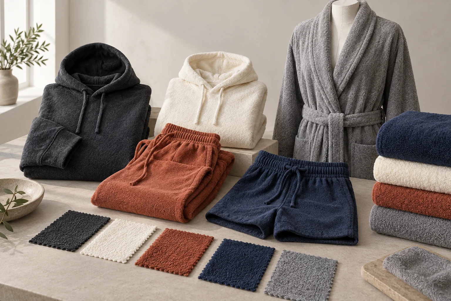 Terry apparel application board with hoodie, jogger, relaxed shorts, robe and towel panels matched to different loop fabrics, no logos or readable text