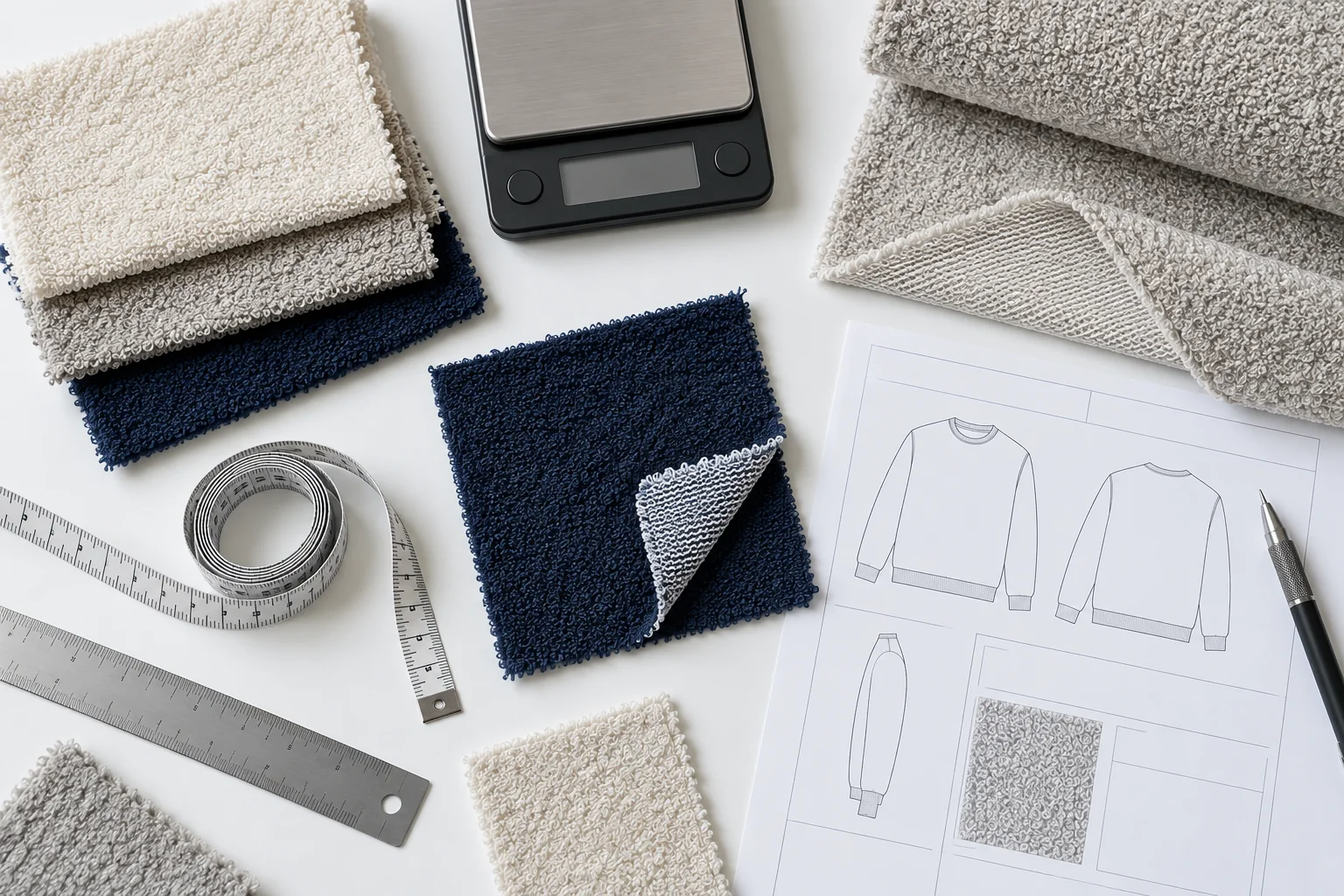 Technical flat lay for terry fabric GSM selection with a calibrated-looking scale, cut swatches, width tape, loopback sample and blank tech pack, no readable numbers