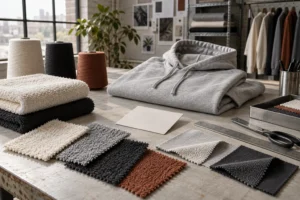 Terry cloth and French terry fabric swatches arranged beside a hoodie, towel, GSM card and measuring tools on an apparel development table, no logos or readable text