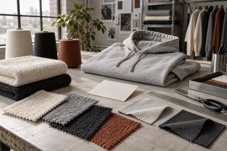 Terry cloth and French terry fabric swatches arranged beside a hoodie, towel, GSM card and measuring tools on an apparel development table, no logos or readable text