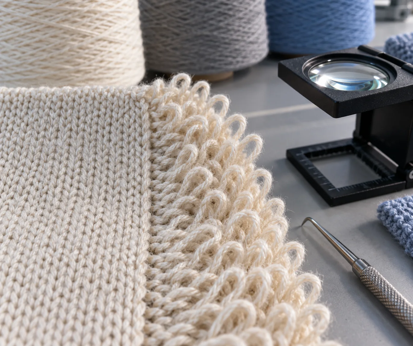 Macro textile development scene showing loop yarns rising from terry fabric beside a flat knit face, yarn cones and a fabric magnifier, no text