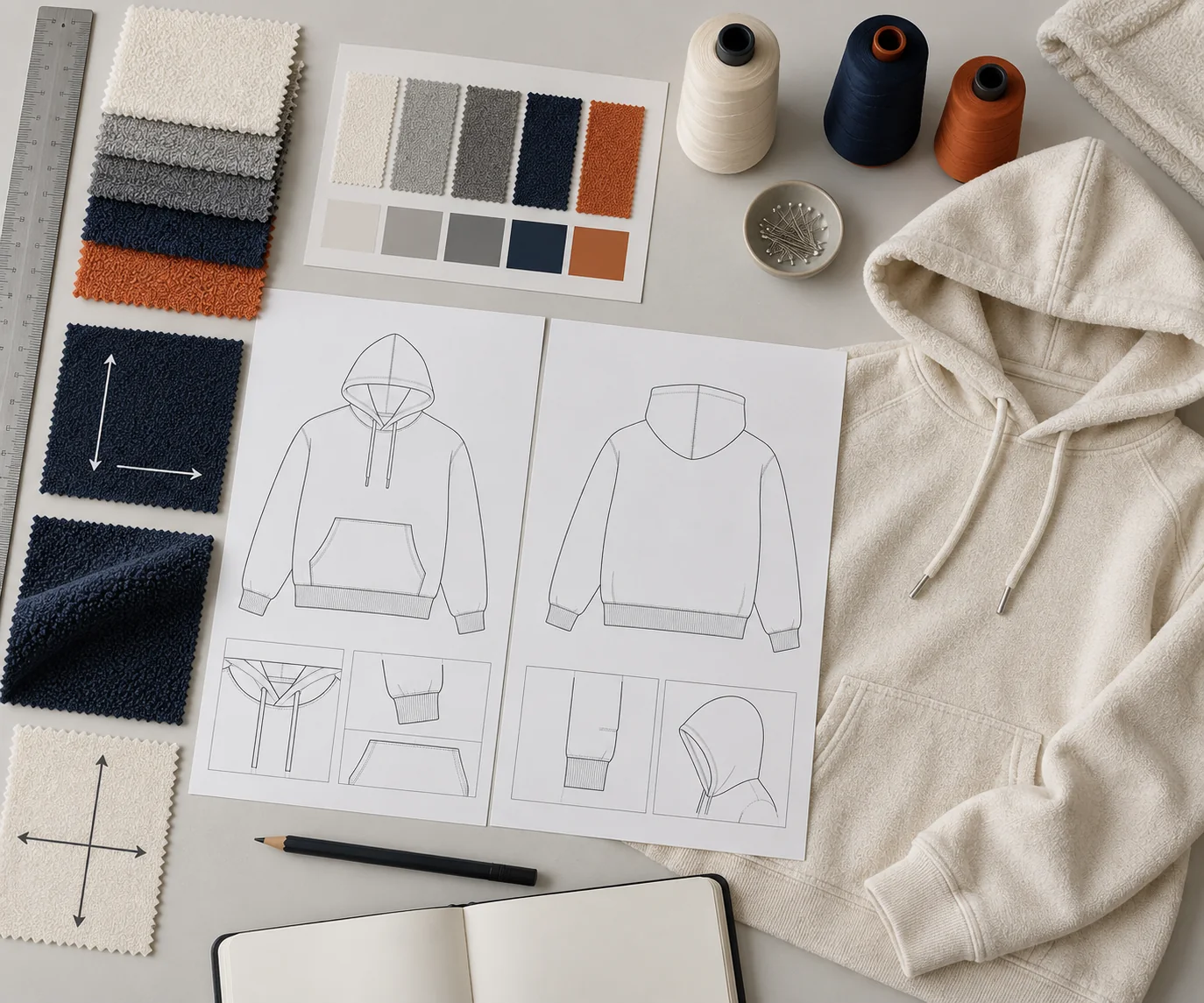 Blank apparel tech pack with terry fabric swatches, GSM card, width ruler, stretch direction arrows and sewn hoodie sample, no readable text