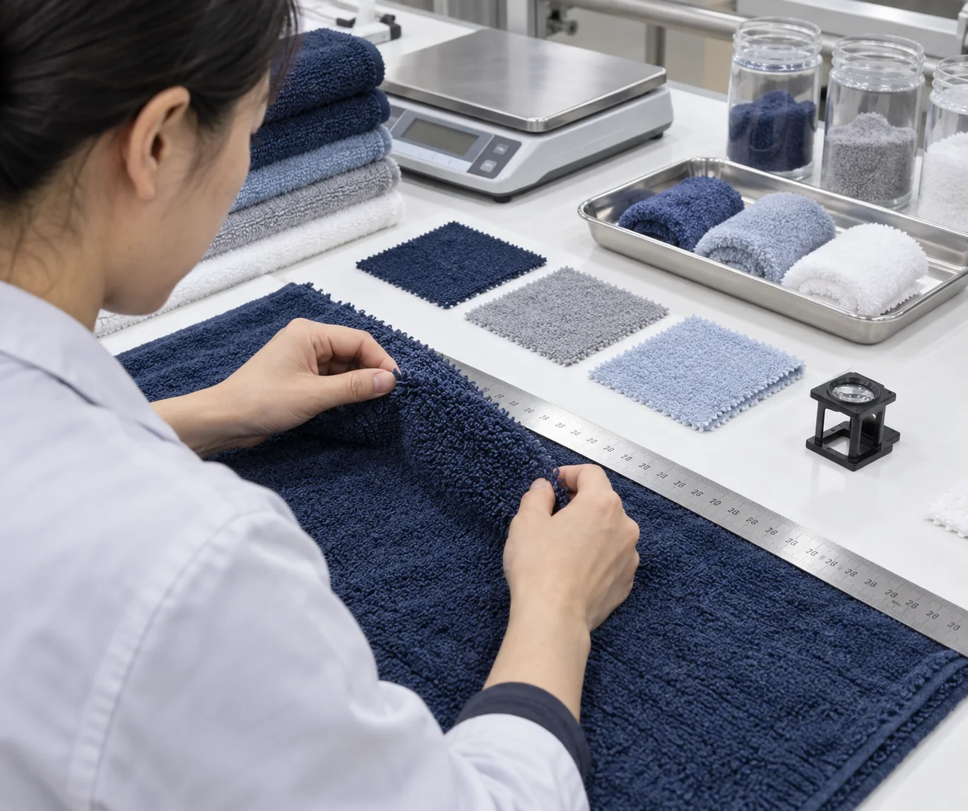 Asian textile quality technician checking terry fabric GSM, width, loops and wash specimens on a clean inspection table, no logos or readable text