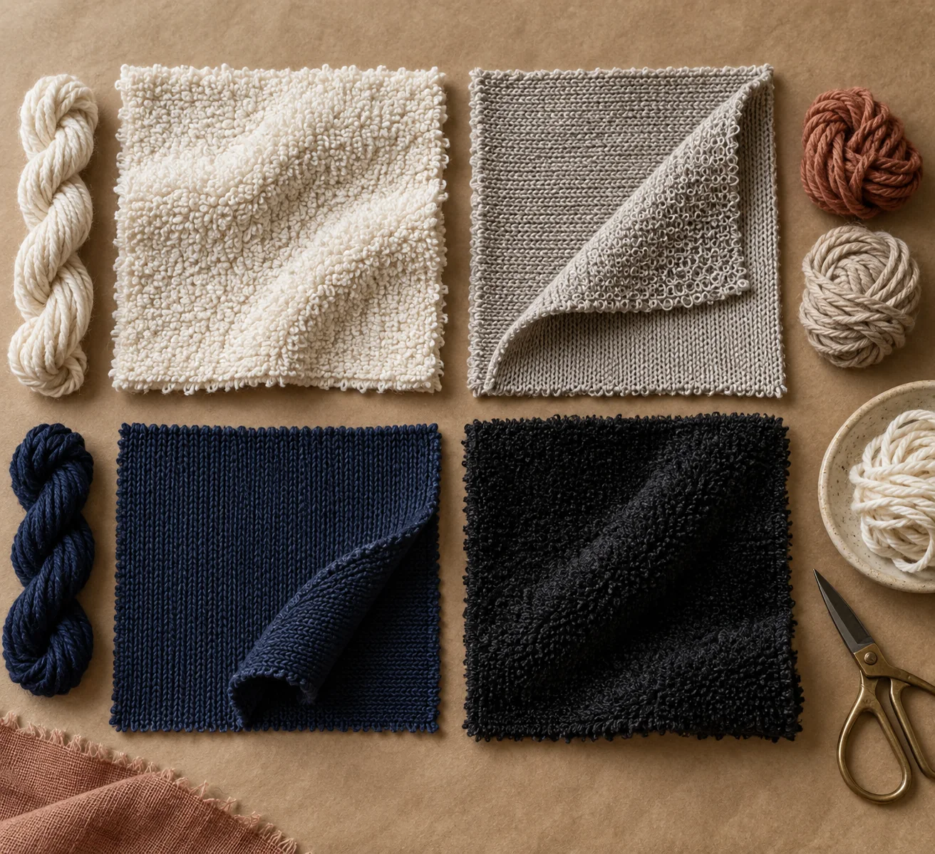 Terry fabric type board with woven towel terry, French terry, sinker loop and velour-style surfaces arranged as clean textile swatches, no text