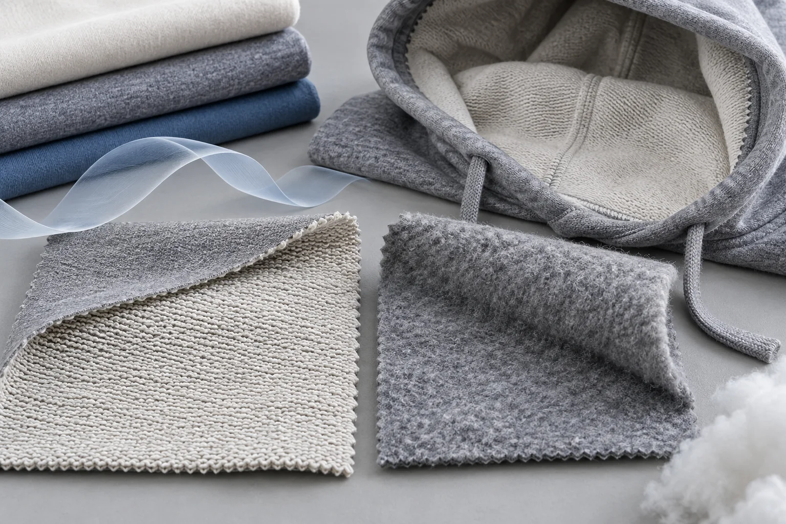 French terry and brushed fleece swatches with a hoodie lining, air-permeability reference ribbon and folded garment layers, realistic textile studio, no text