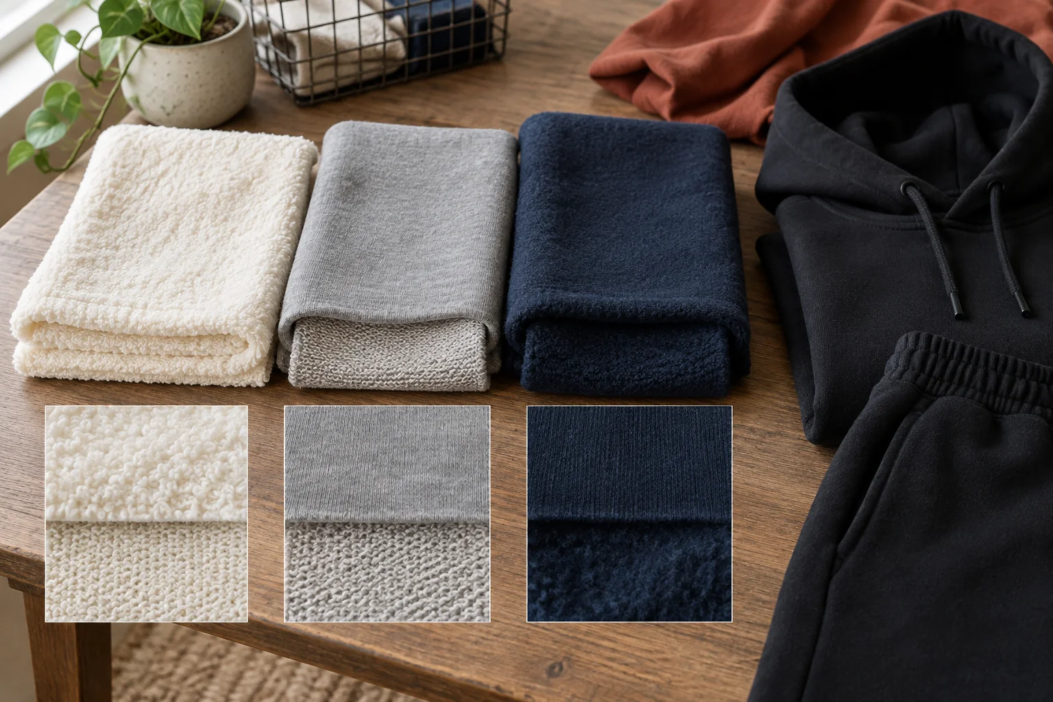 Side-by-side apparel fabric comparison of towel terry, French terry loopback and brushed fleece beside a hoodie and jogger, neutral background, no labels