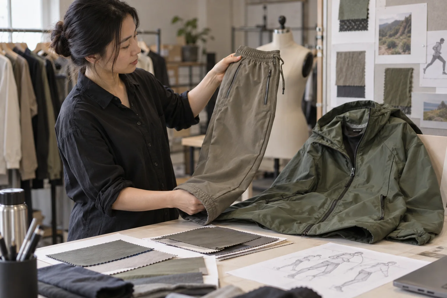 Asian apparel developer reviewing a stretch twill jogger and woven active-lifestyle jacket beside fabric cards, no readable text