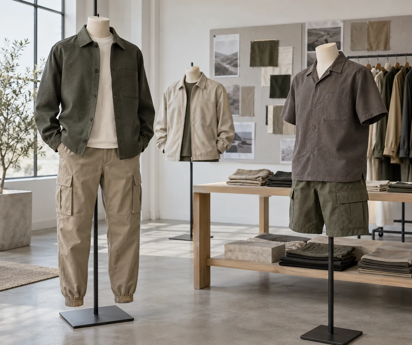 Cargo jogger, structured overshirt, utility short and lightweight twill jacket in a clean sample room, no logos
