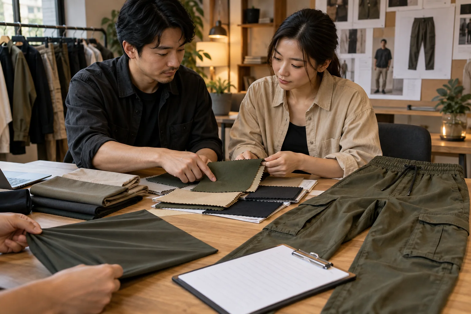 Asian apparel buyer and product developer approving twill swatches beside a finished cargo jogger and blank quote checklist, no readable text