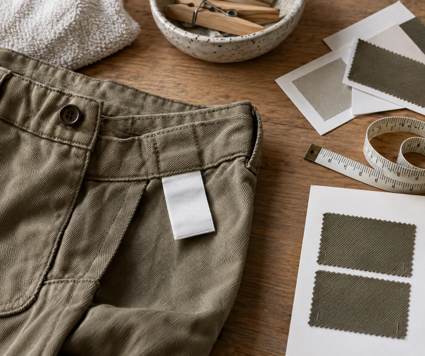 Twill garment beside care cards, measuring tape and post-laundry approval swatches on an apparel table, no readable text