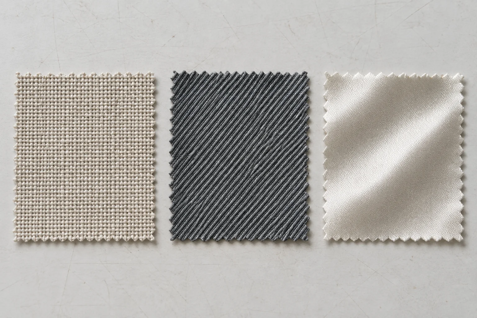 Side-by-side plain weave, twill and satin fabric swatches showing different surface structures, no text