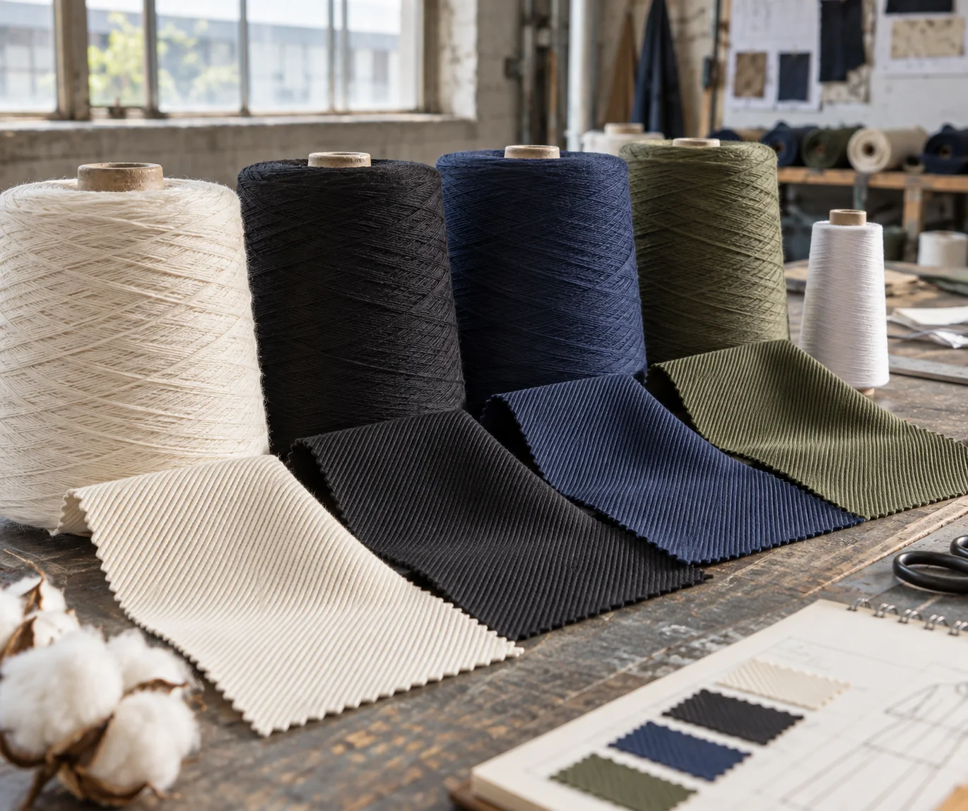 Cotton, polyester, nylon and elastane yarn cones beside matching twill swatches on a textile development bench, no logos