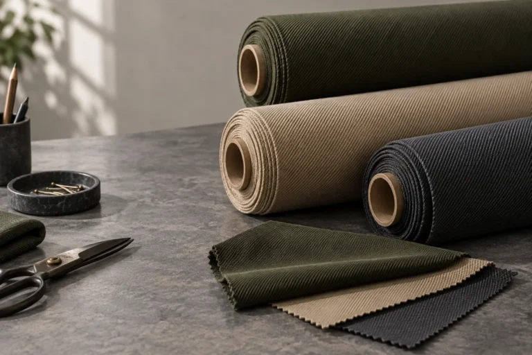 Крупный план рулонов саржевой ткани темно-оливкового и песчаного цветов с видимыми диагональными рубчиками на чистом столе для закупки одежды, без логотипов и читаемого текста