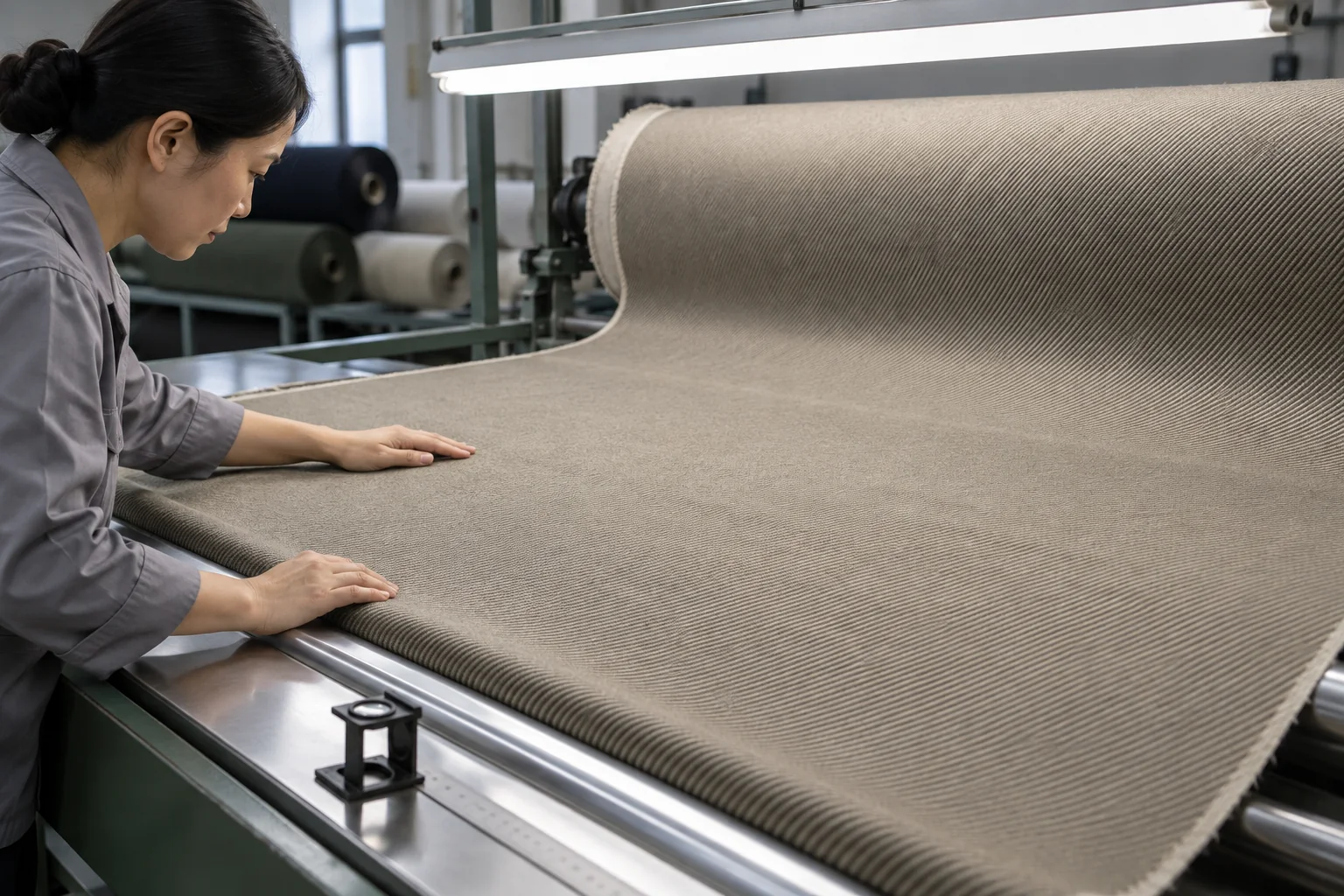 Quality inspector examining a continuous twill fabric roll for diagonal consistency, shade, width and surface defects, no logos