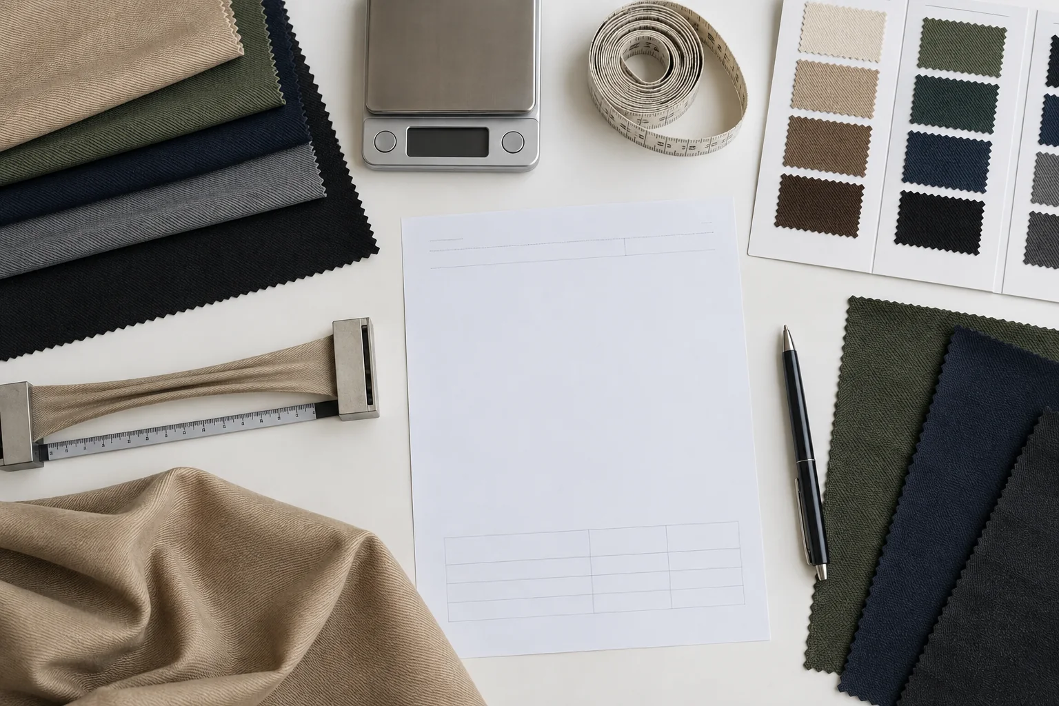 Twill fabric specification desk with GSM scale, width tape, stretch ruler, shade cards and blank technical sheet, no readable text