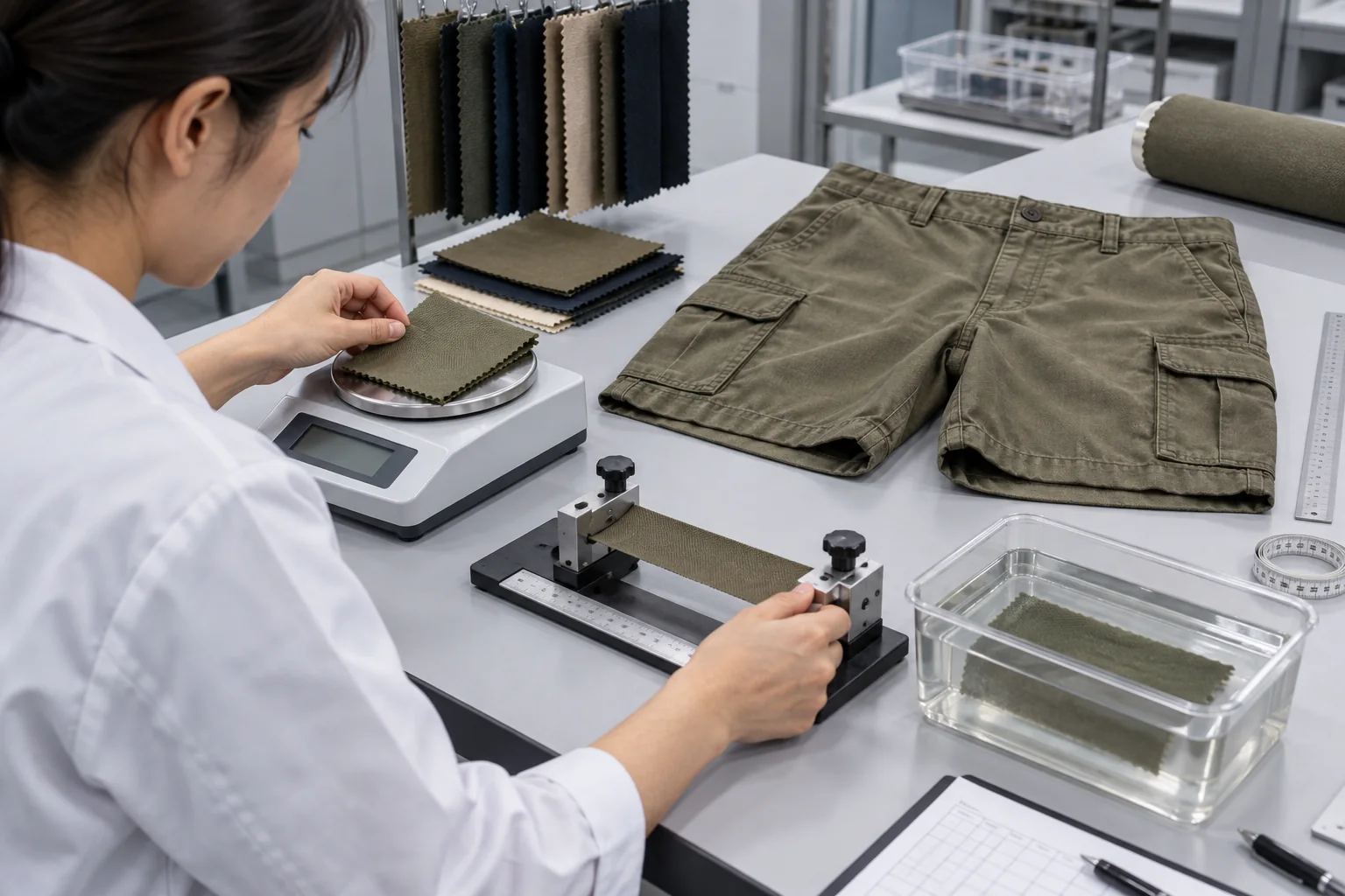 Asian textile technician measuring woven twill GSM, width, stretch and dimensional change beside a sewn cargo short sample, no readable text