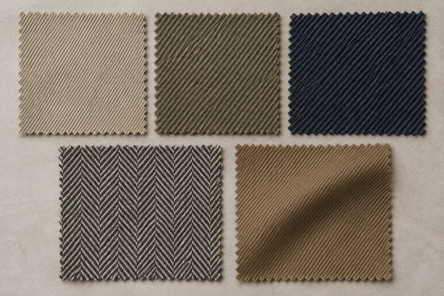 Five physical twill swatches showing 2/1, 2/2, 3/1, herringbone and stretch twill textures, no text