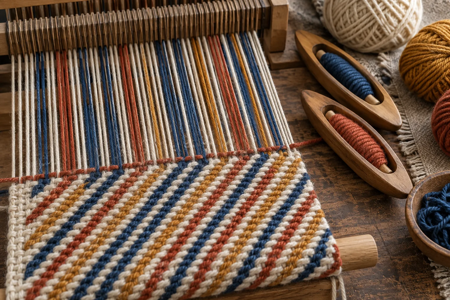 Warp and weft yarns forming a diagonal twill structure on a weaving preparation table, no labels or readable text