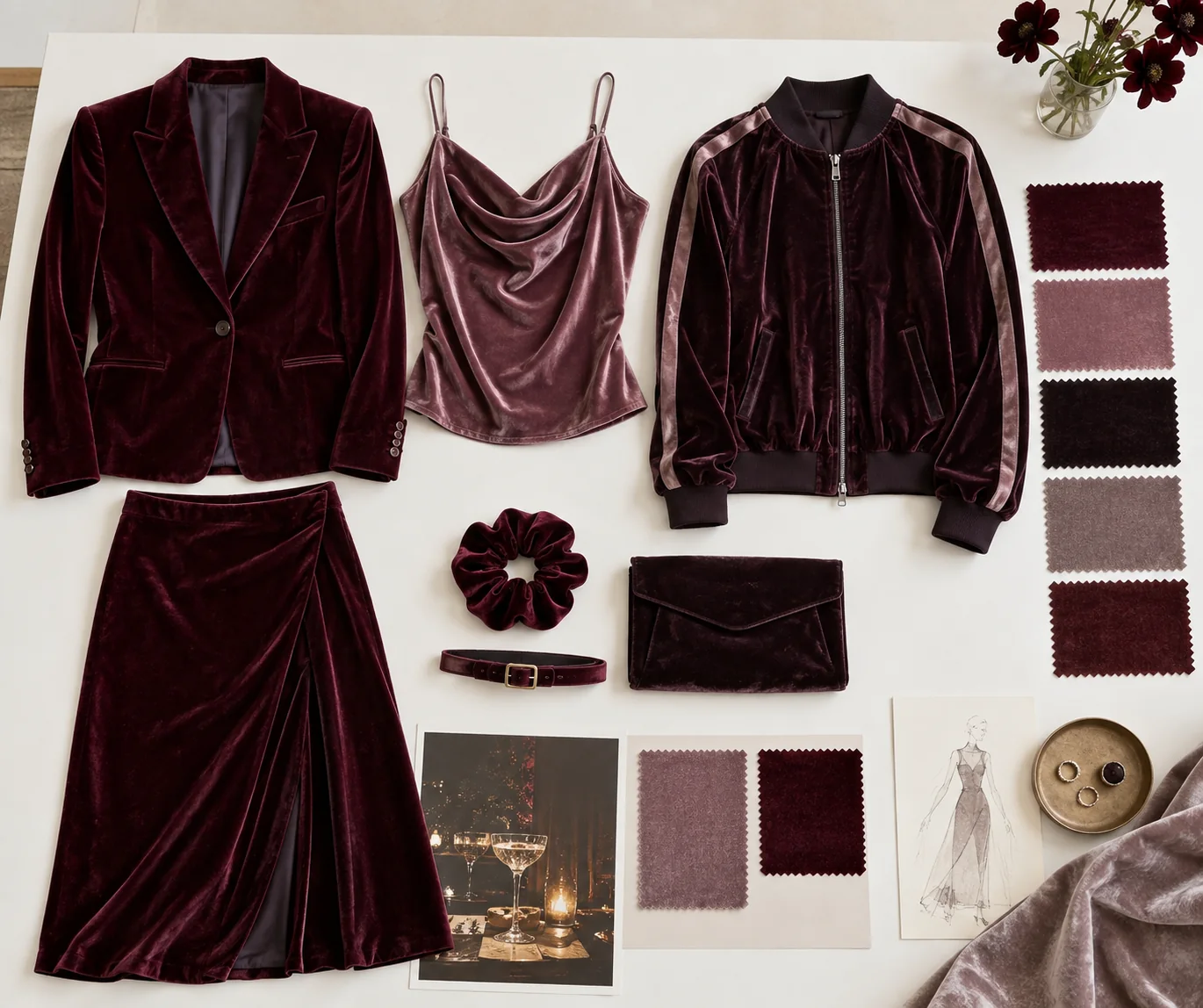 Velvet apparel application board showing a jacket, evening top, tracksuit jacket, skirt and accessories beside fabric swatches, no logos or readable text