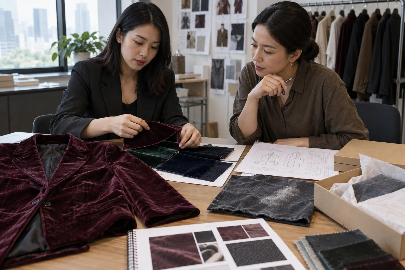 Asian apparel buyer and product developer approving velvet swatches beside a sewn sample, measurement sheet and packaging sample, no readable text