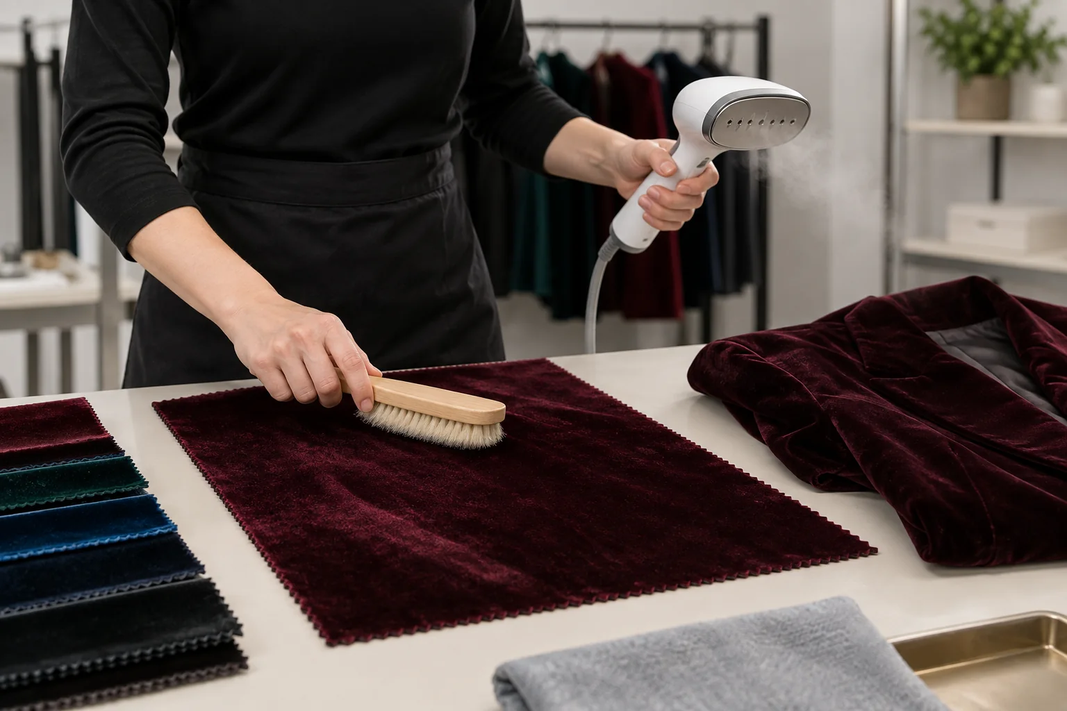Velvet garment care testing scene with a soft brush, steaming setup, sample panel and folded velvet garment, no readable text