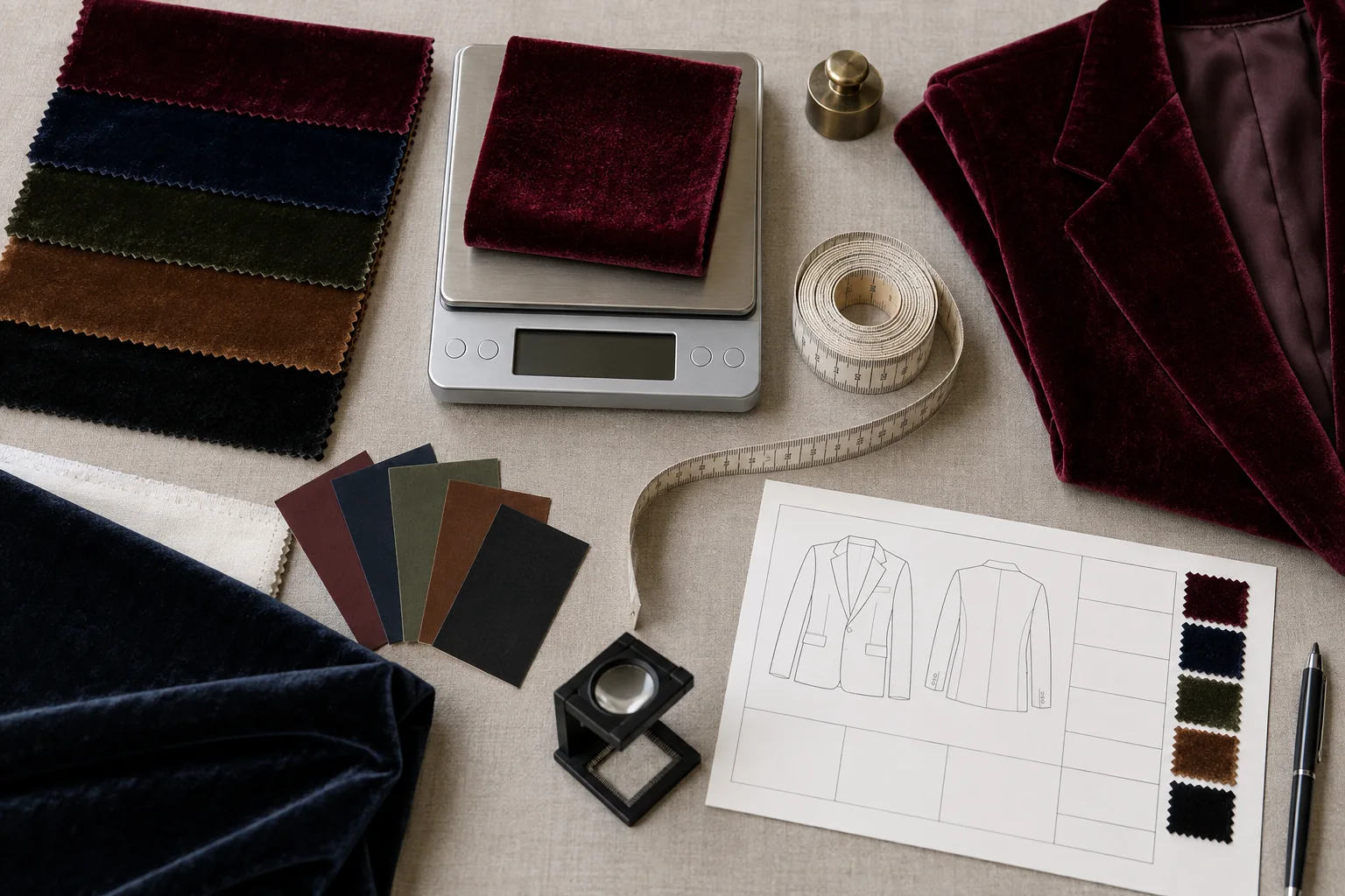 Velvet GSM and width selection flat lay with swatches, digital scale, width tape and blank tech-pack card, no readable numbers