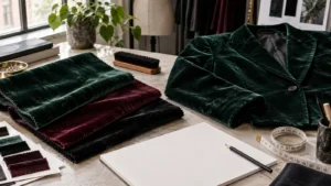 Velvet fabric swatches arranged beside a velvet jacket, pile brush, measuring tape and blank apparel brief on a sourcing table, no logos or readable text