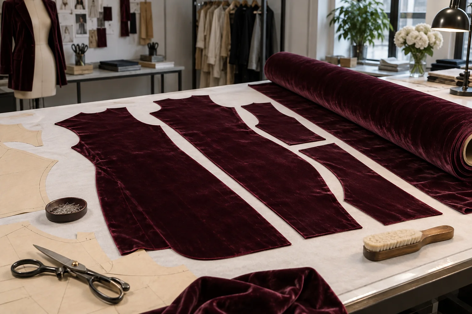 Velvet garment panels aligned in one nap direction beside a cutting table and fabric roll, no readable text