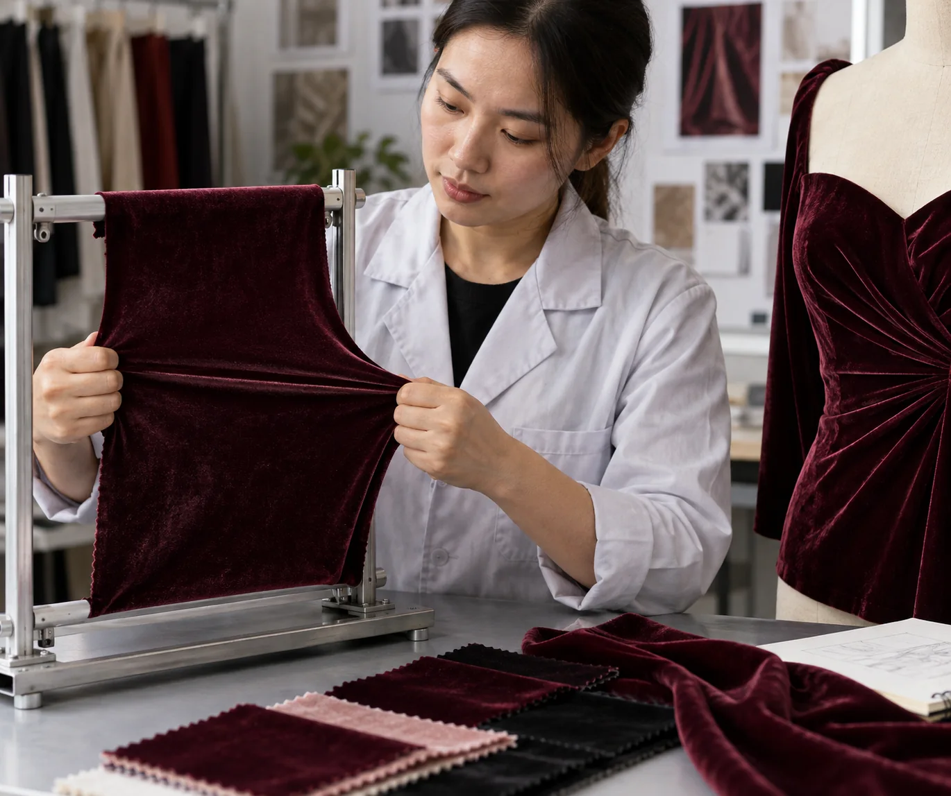 A technician checking stretch and recovery of stretch velvet fabric on a simple test frame beside a sewn panel, no numbers or text