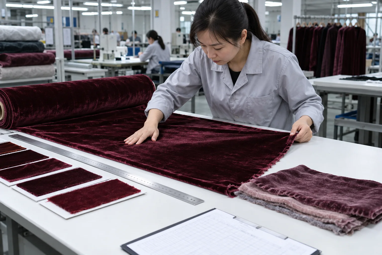 Asian textile quality technician checking velvet pile, shade direction, width and laundered specimens on an inspection table, no logos or readable text