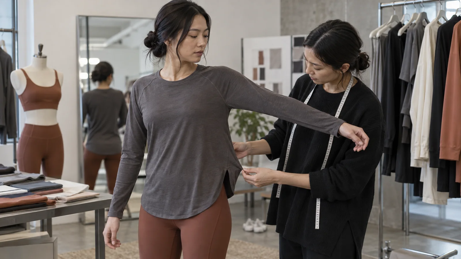Fashion designers working on custom activewear clothing in studio.