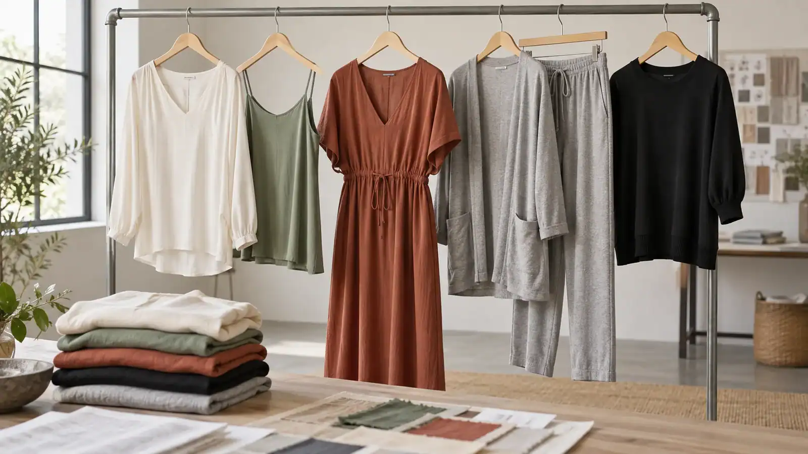 Clothing samples on hangers showcasing custom apparel options.