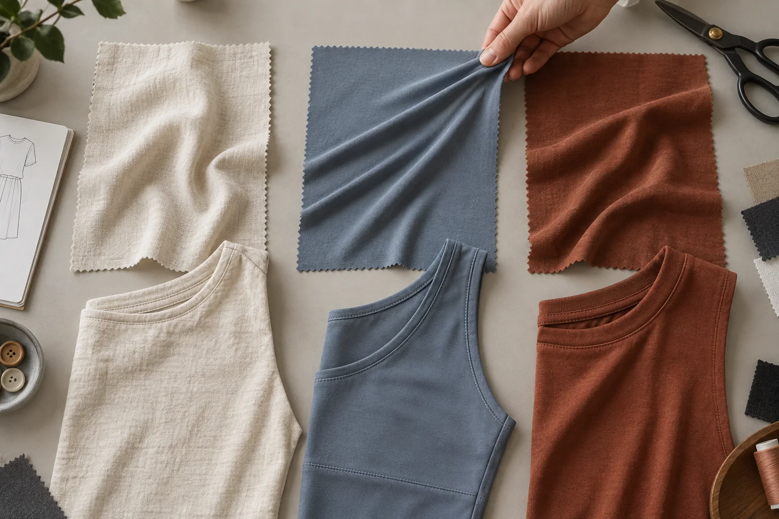 Viscose cotton, viscose elastane, and viscose polyester blend swatches beside sewn sample panels