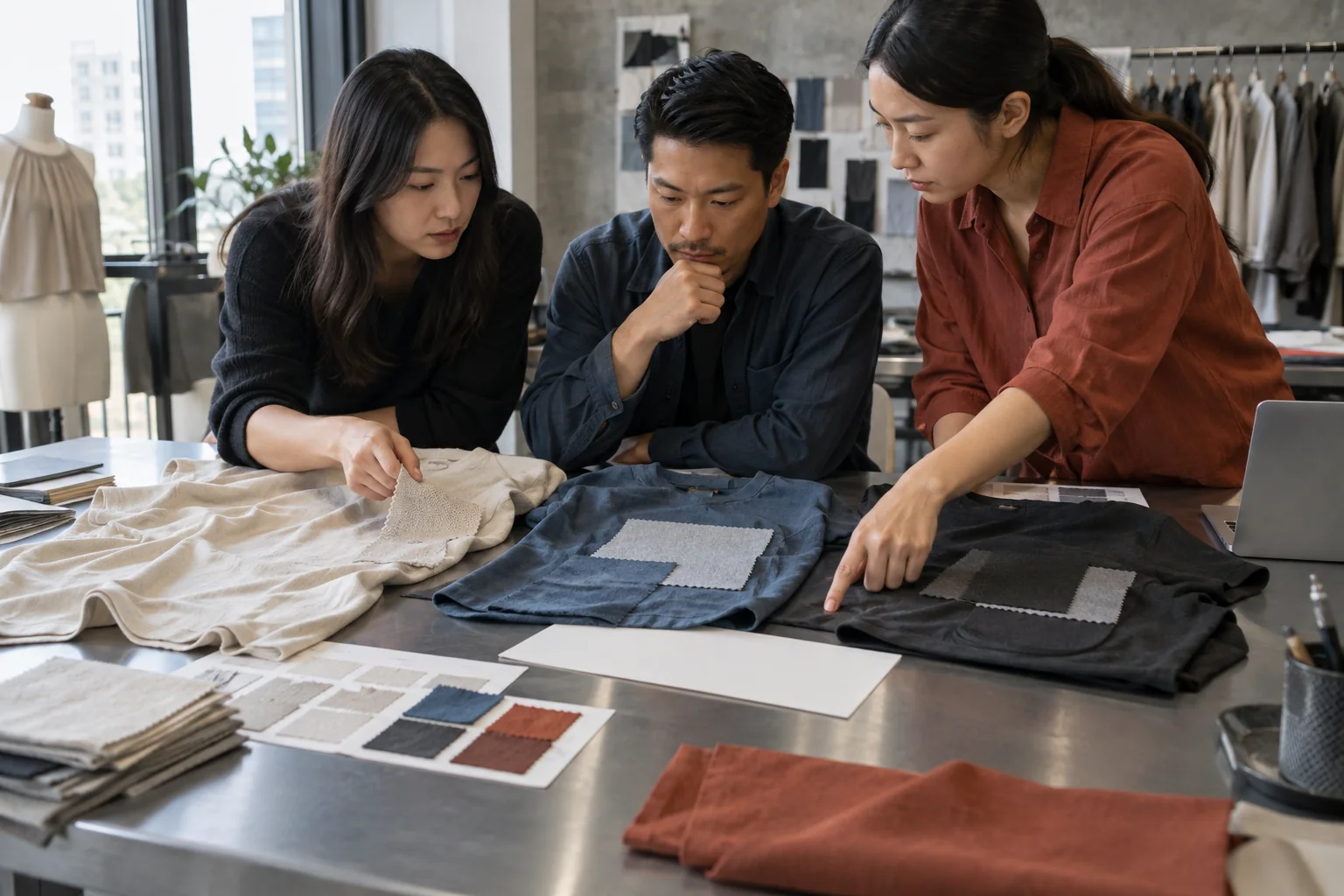 Design team collaborating on custom clothing samples at DETOSUN.