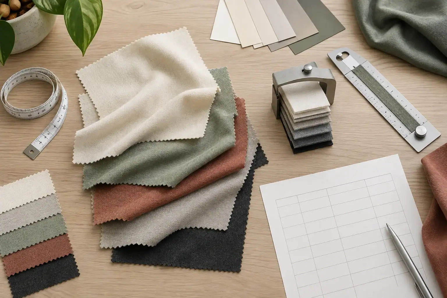 Fabric swatches, measuring tape, and design tools for custom clothing.