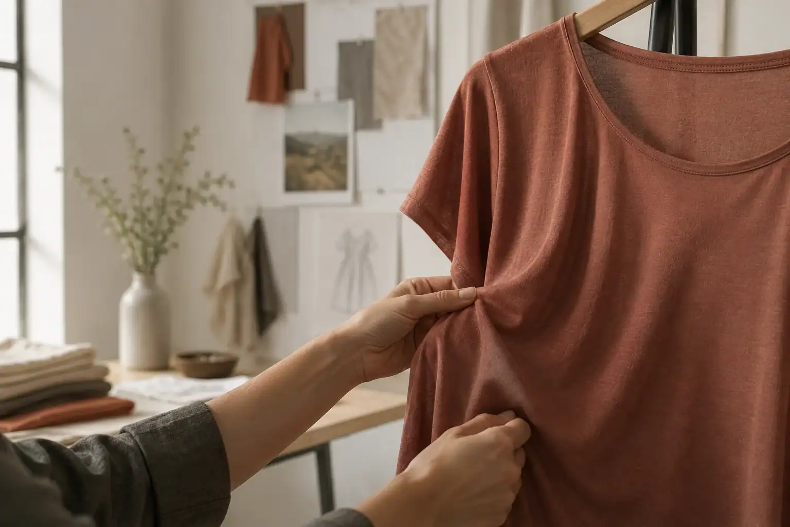 Person inspecting a rust-colored T-shirt in a design studio.
