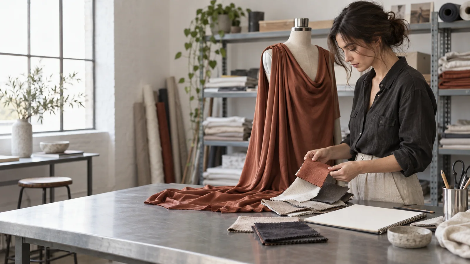 Apparel buyer reviewing viscose swatches, a fluid garment sample, and a production brief in a textile studio