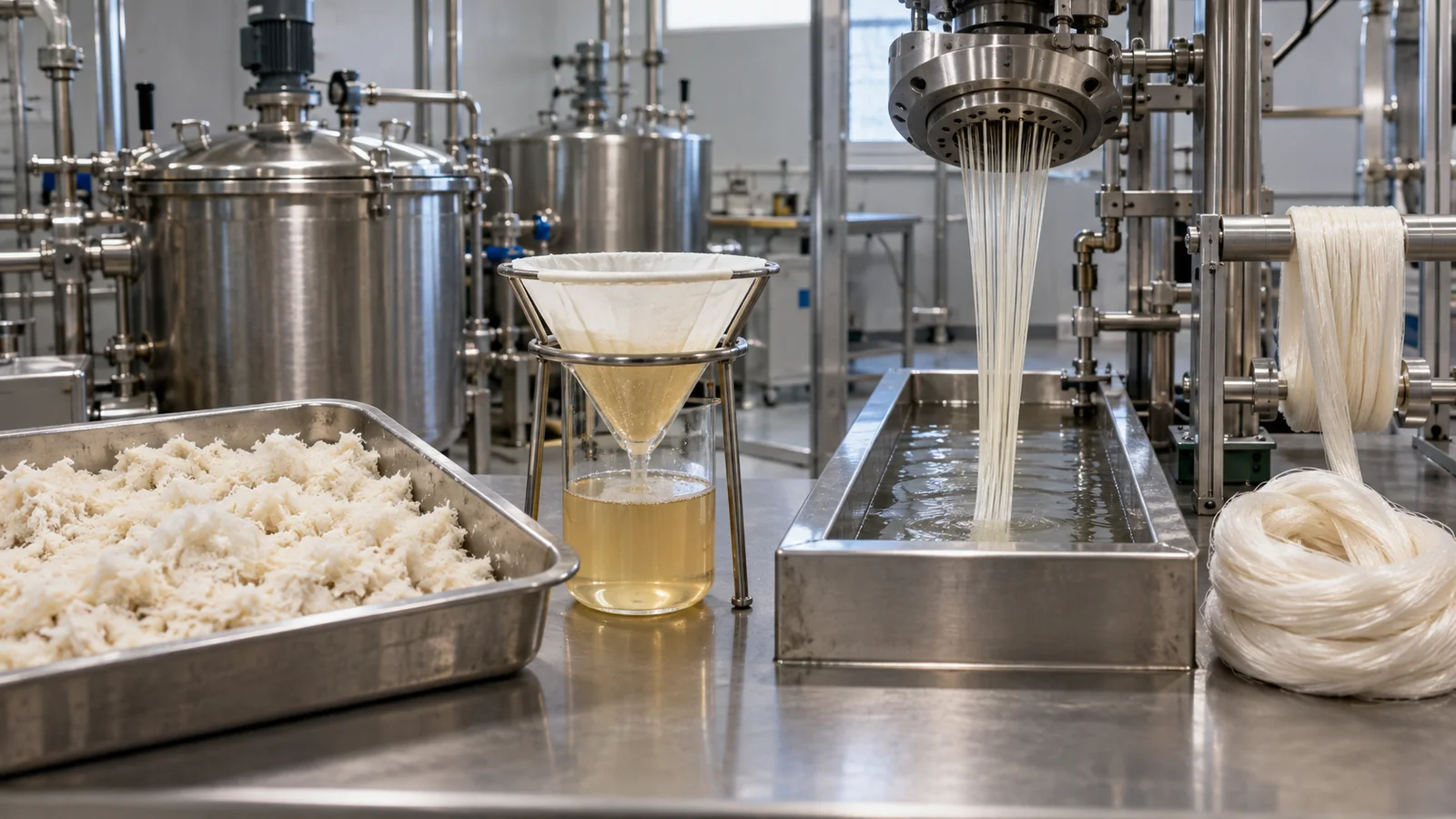 Generic cellulose to viscose fiber process scene with pulp, processing vessels, and newly formed fiber