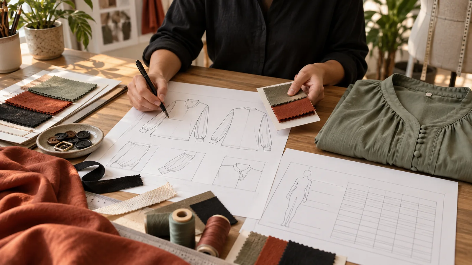 Apparel developer preparing a viscose RFQ with a blank tech pack, fabric cards, and measurement chart