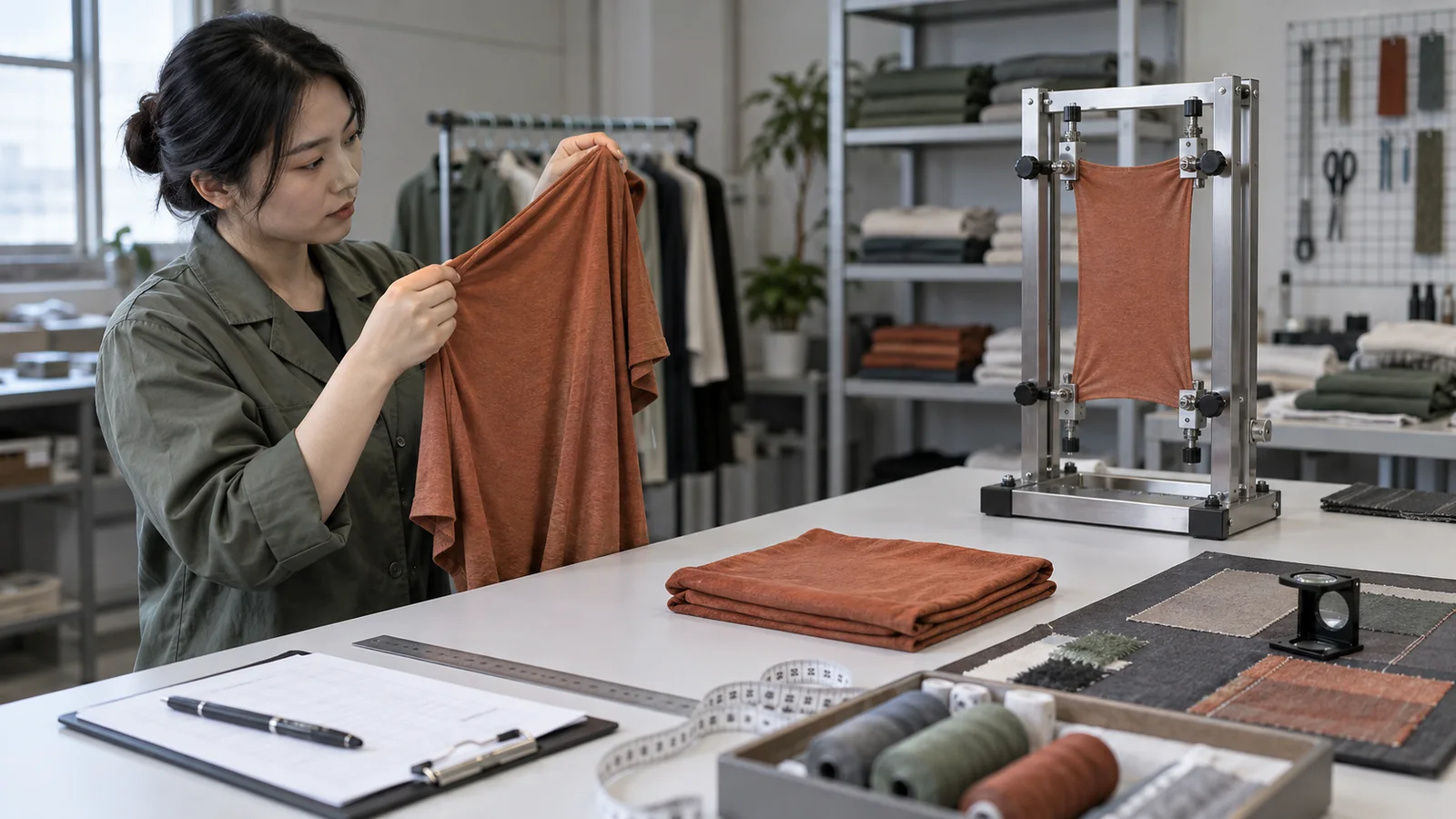 Textile technician reviewing viscose garments with stretch, measurement, wash, and seam inspection tools