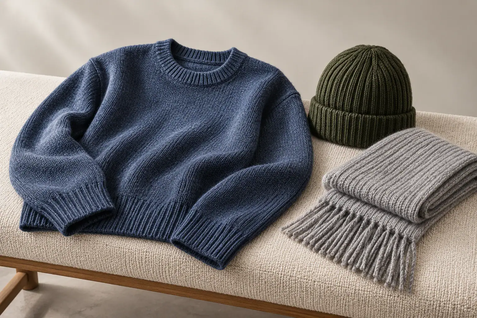 Warm winter sweater, beanie, and scarf for cold weather.