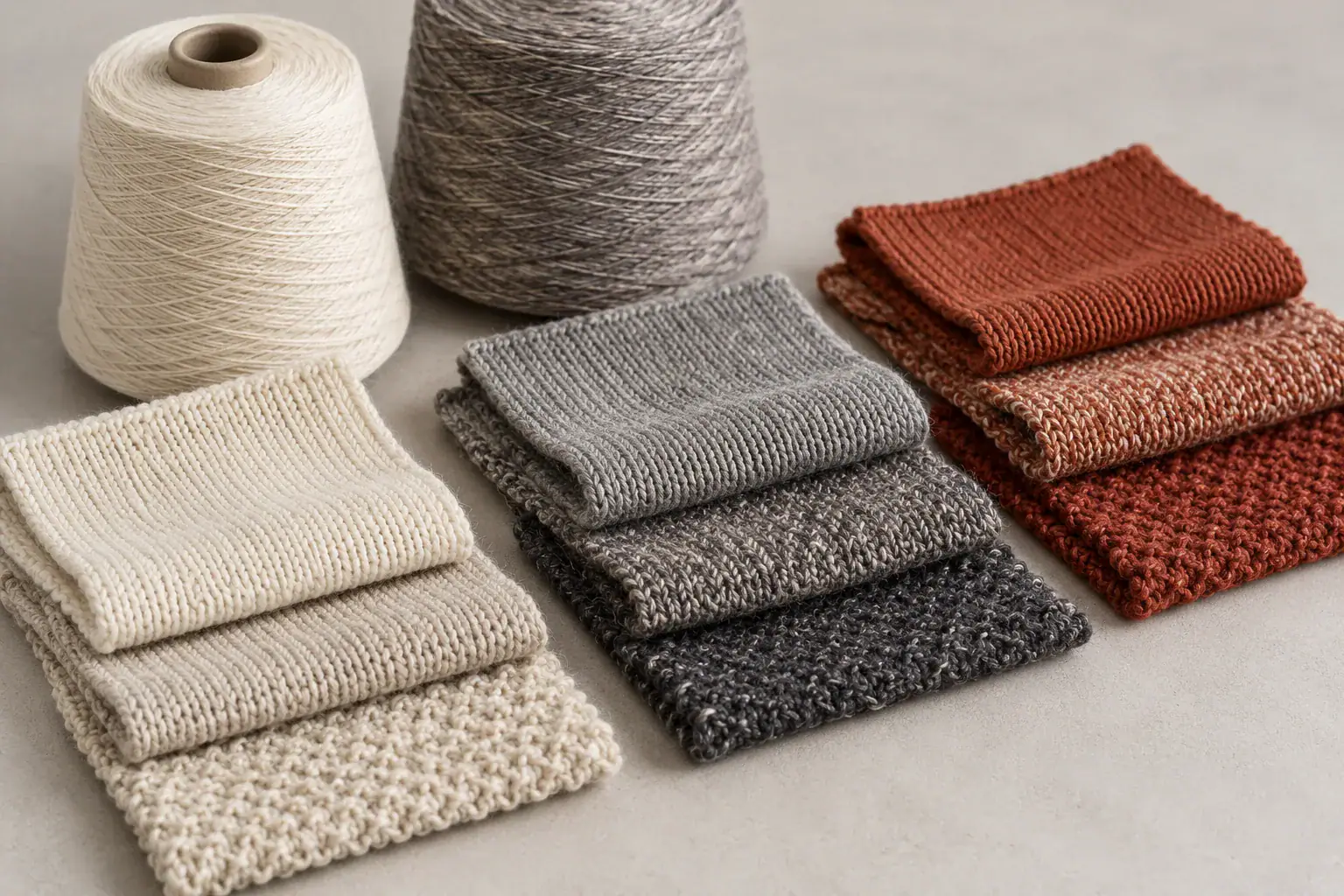 Variety of knitted fabric swatches in neutral and warm tones.