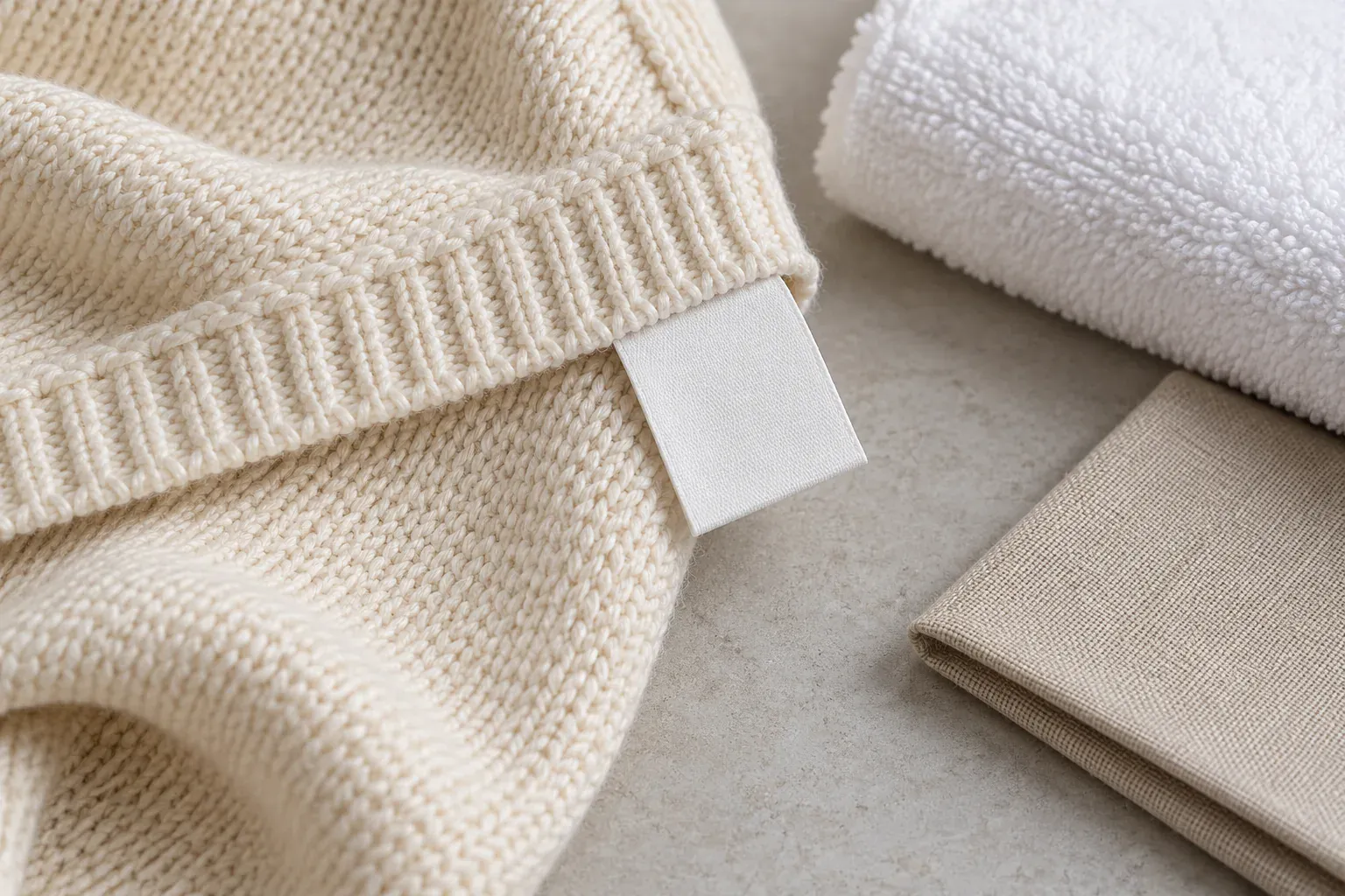 Close-up of beige and white fabric swatches for custom clothing.