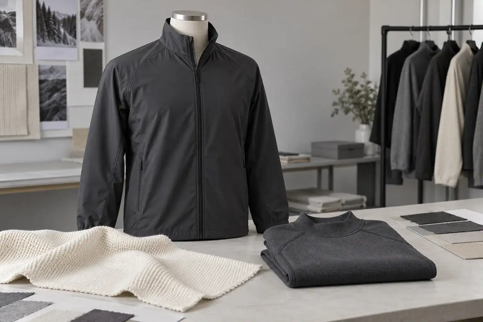 Black jacket displayed on mannequin in activewear manufacturing setting.