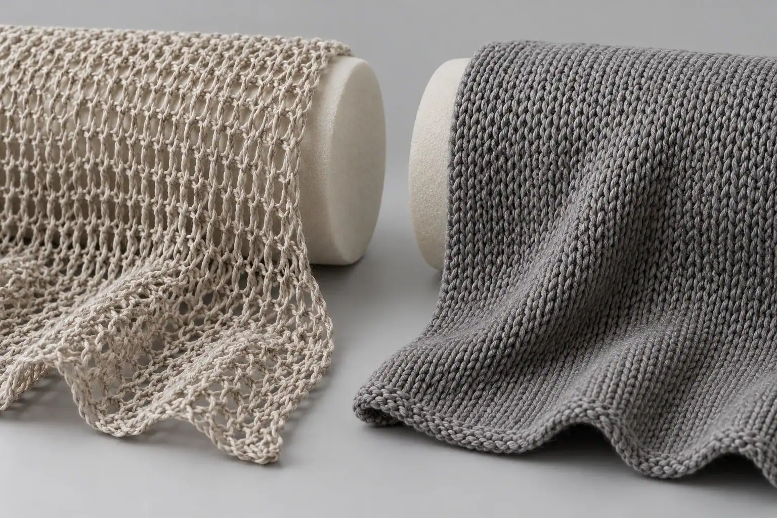 Close-up of textured and knit fabric samples on display.