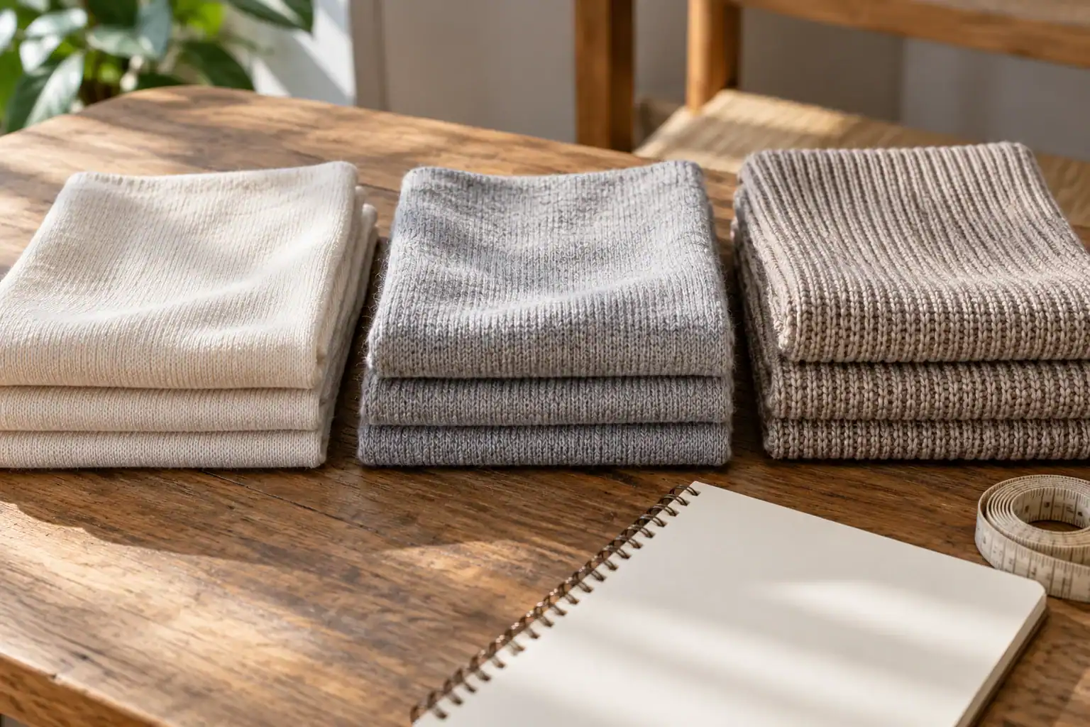Close-up of folded knitted fabric swatches in neutral colors.