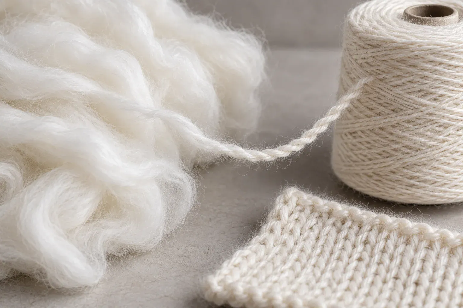 Close-up of acrylic yarn, knitting swatch, and spool of thread for textile manufacturing.