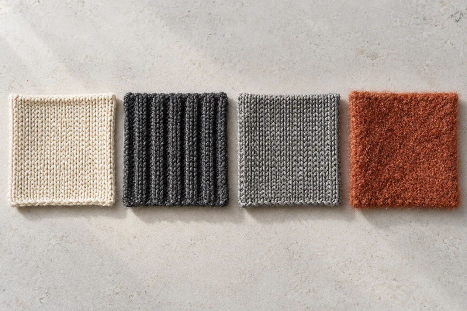 Four different knitted fabric samples in beige, black, gray, and rust colors.